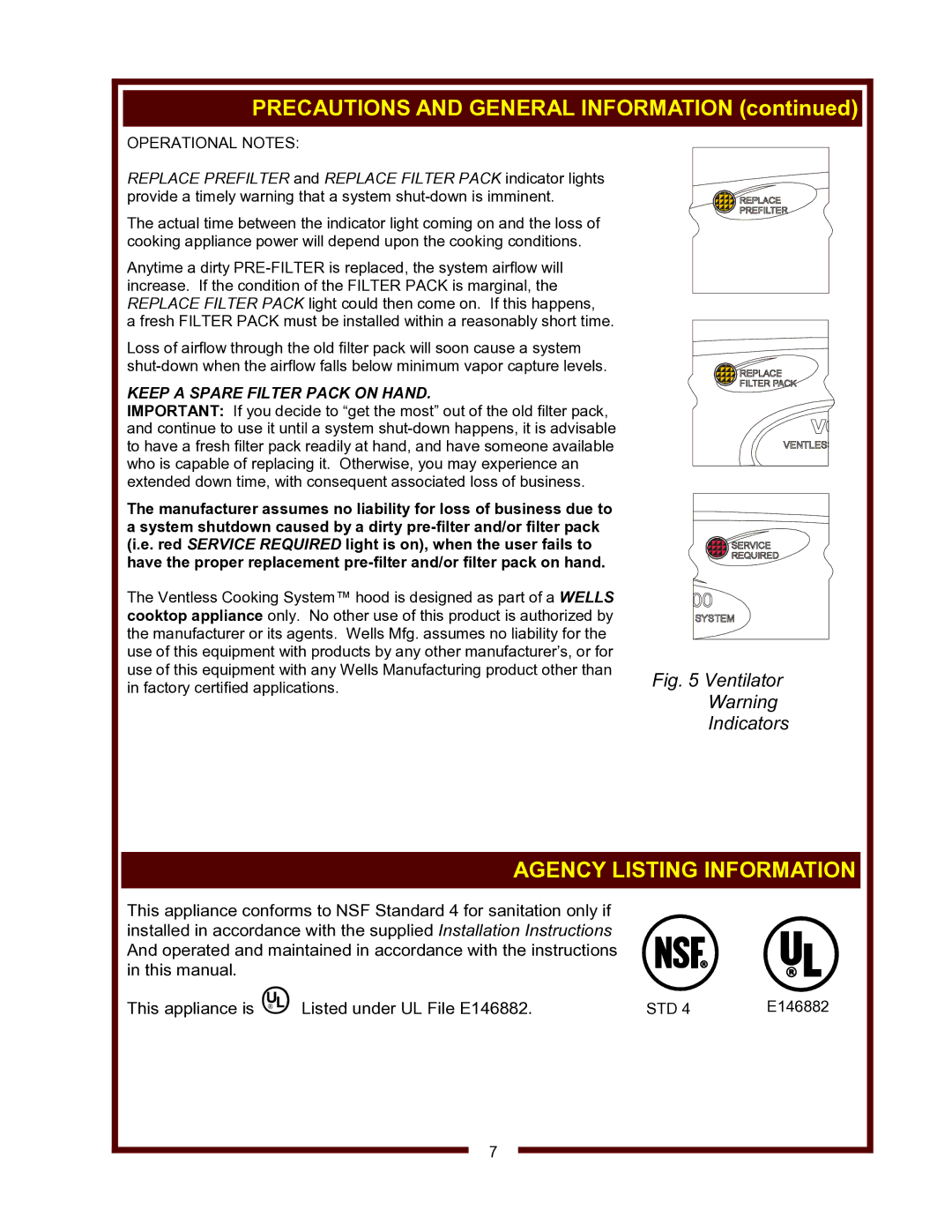 Wells WV-4HSRW operation manual Precautions and General Information, Agency Listing Information, Operational Notes, Std 