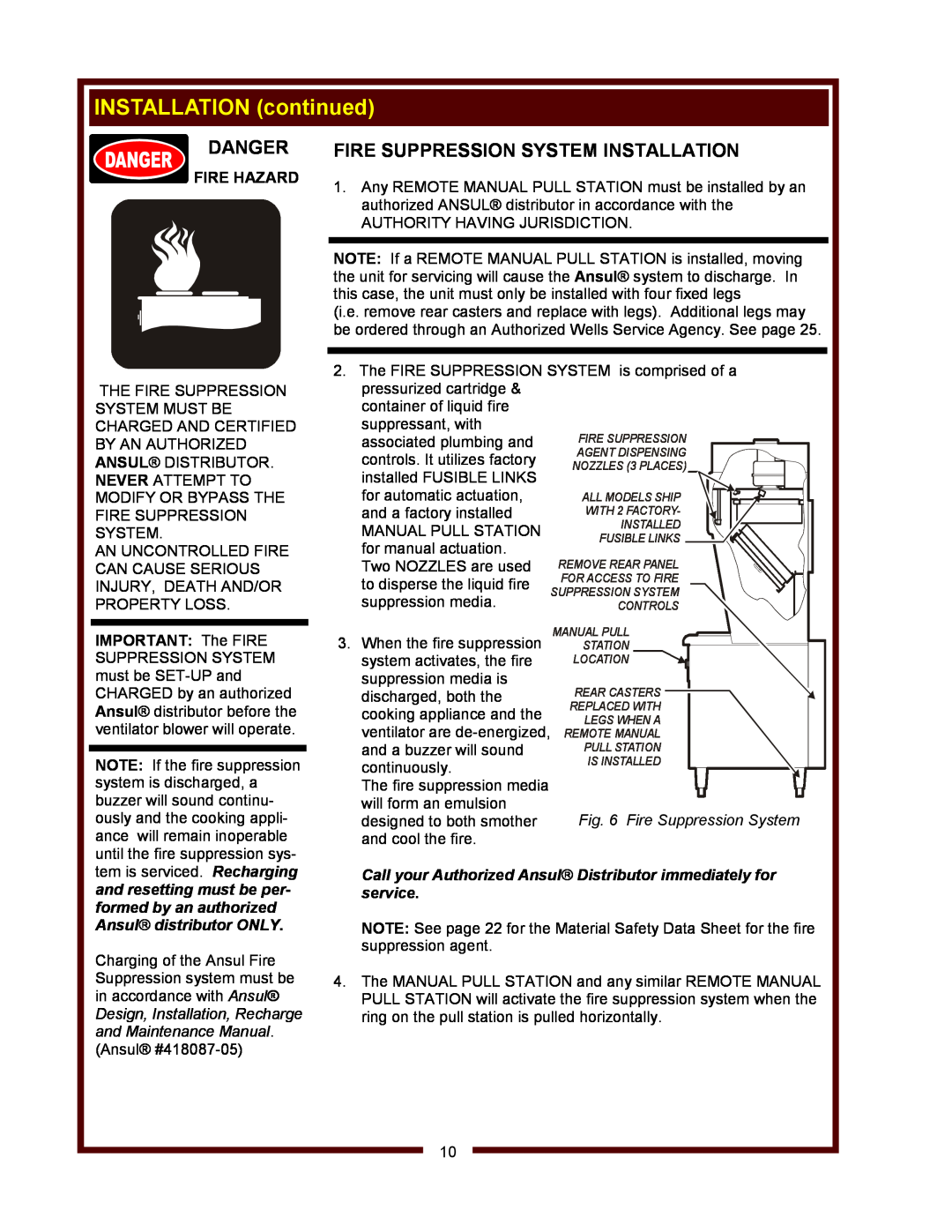 Wells WV-4HSRW operation manual Fire Suppression System Installation, INSTALLATION continued, Danger, Fire Hazard 