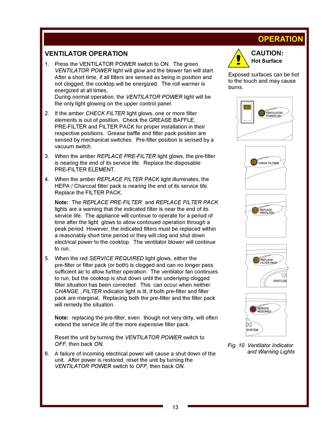 Wells WV-4HSRW operation manual Ventilator Operation, Hot Surface, Ventilator Indicator and Warning Lights 