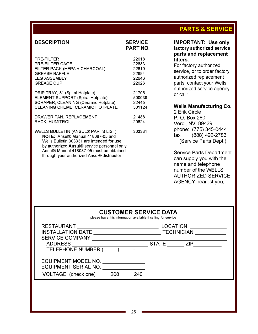 Wells WV-4HSRW operation manual Parts & Service, Customer Service Data, Description, Wells Manufacturing Co 