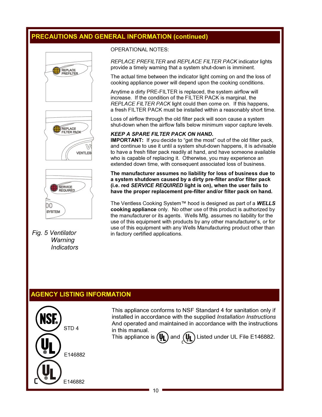 Wells WV-FGRW operation manual Agency Listing Information, Operational Notes, Std 