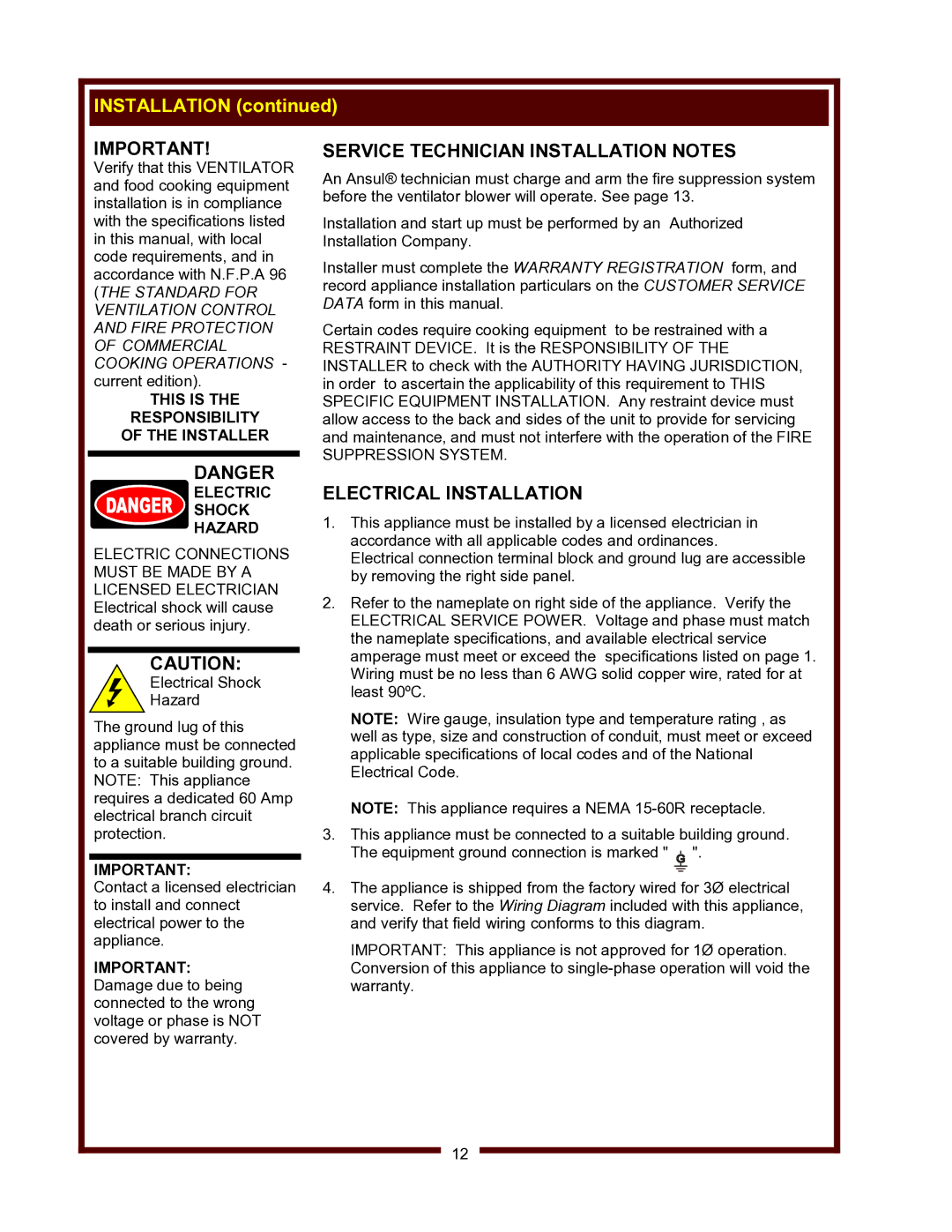 Wells WV-FGRW operation manual Service Technician Installation Notes, Electrical Installation 