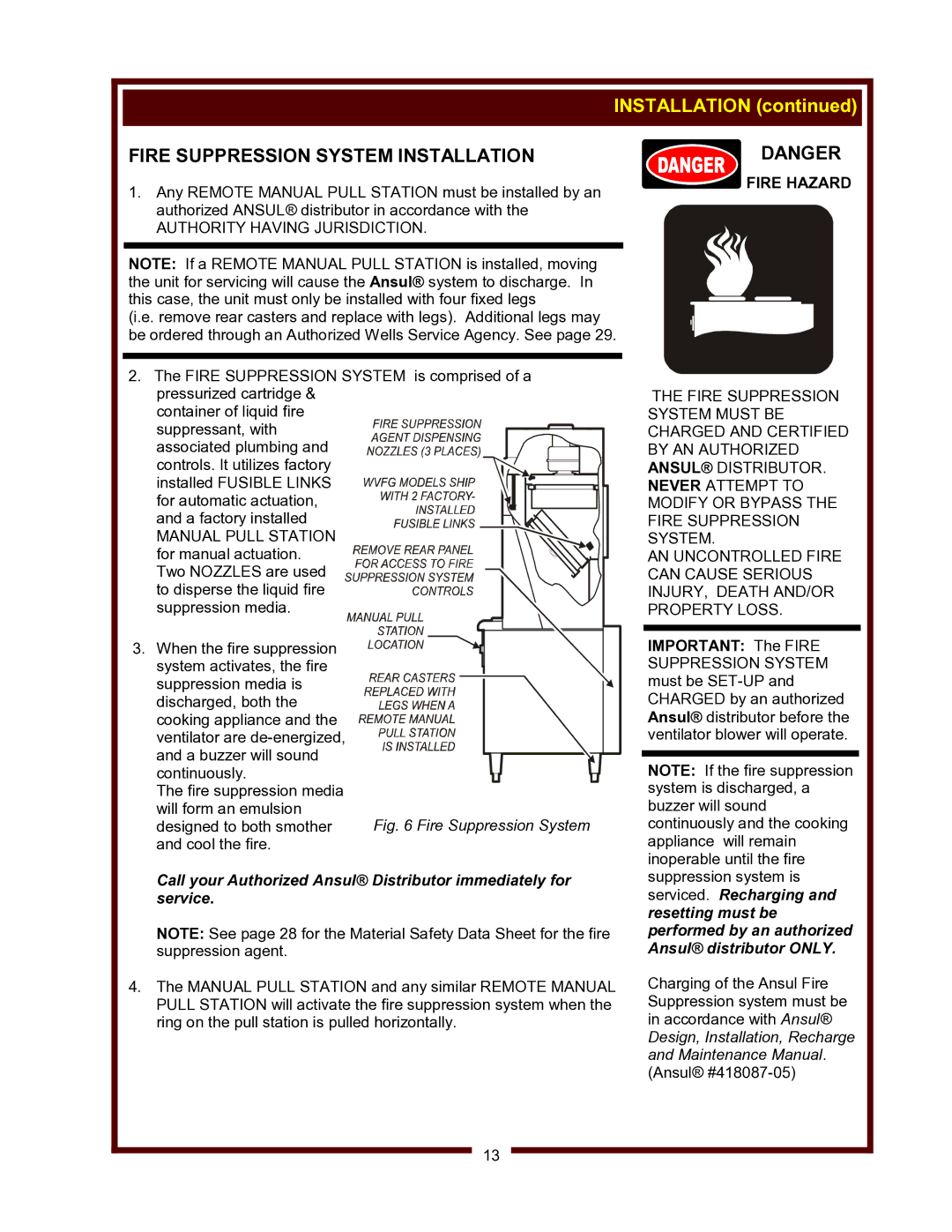 Wells WV-FGRW operation manual Fire Suppression System Installation, Authority Having Jurisdiction 