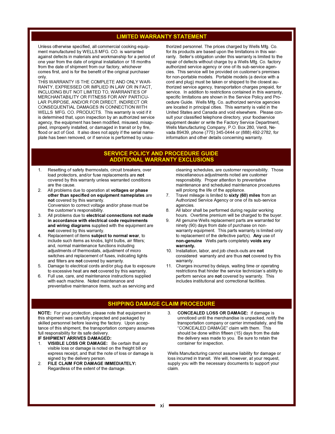 Wells WV-FGRW operation manual Limited Warranty Statement 