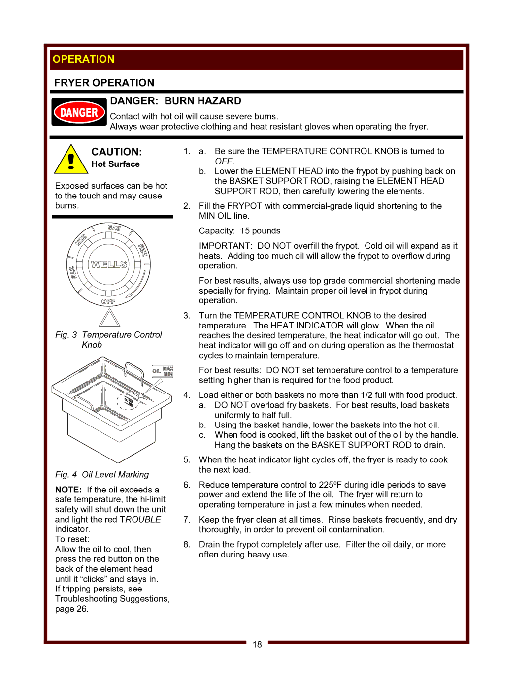 Wells WV-FGRW operation manual Fryer Operation, Hot Surface 