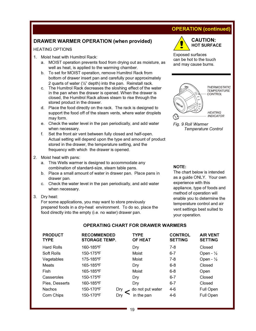 Wells WV-FGRW operation manual Drawer Warmer Operation when provided, Heating Options 