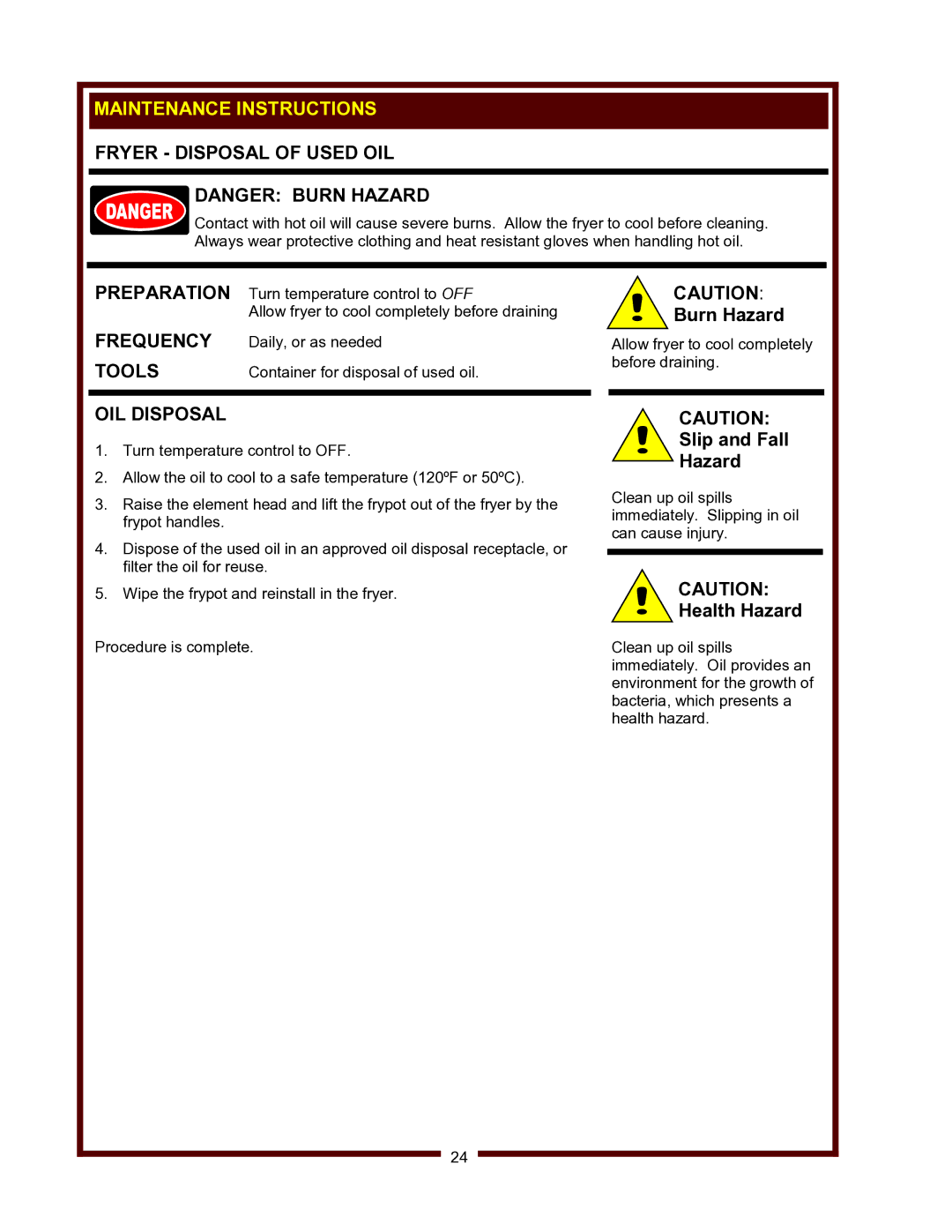 Wells WV-FGRW operation manual Maintenance Instructions, Fryer Disposal of Used OIL, OIL Disposal 