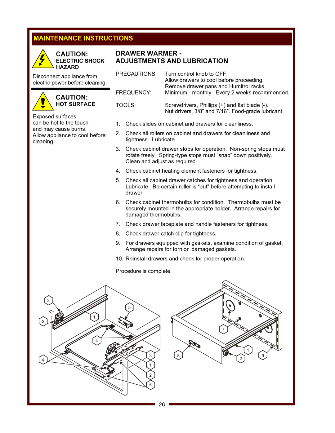 Wells WV-FGRW operation manual Drawer Warmer Adjustments and Lubrication, Electric Shock Hazard 