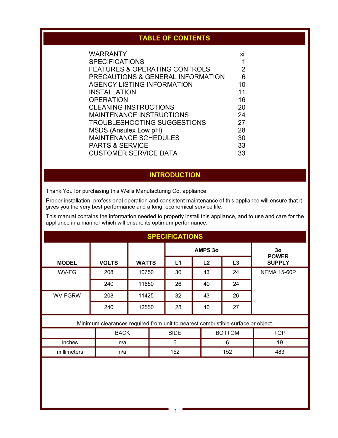 Wells WV-FGRW operation manual Table of Contents, Introduction, Specifications 