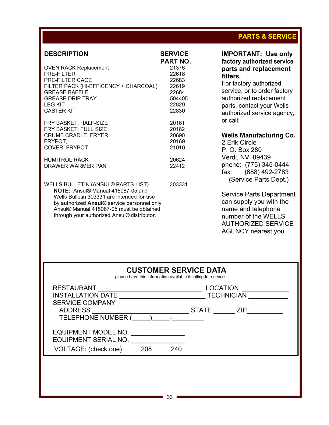 Wells WV-FGRW operation manual Description Service, Parts & Service 