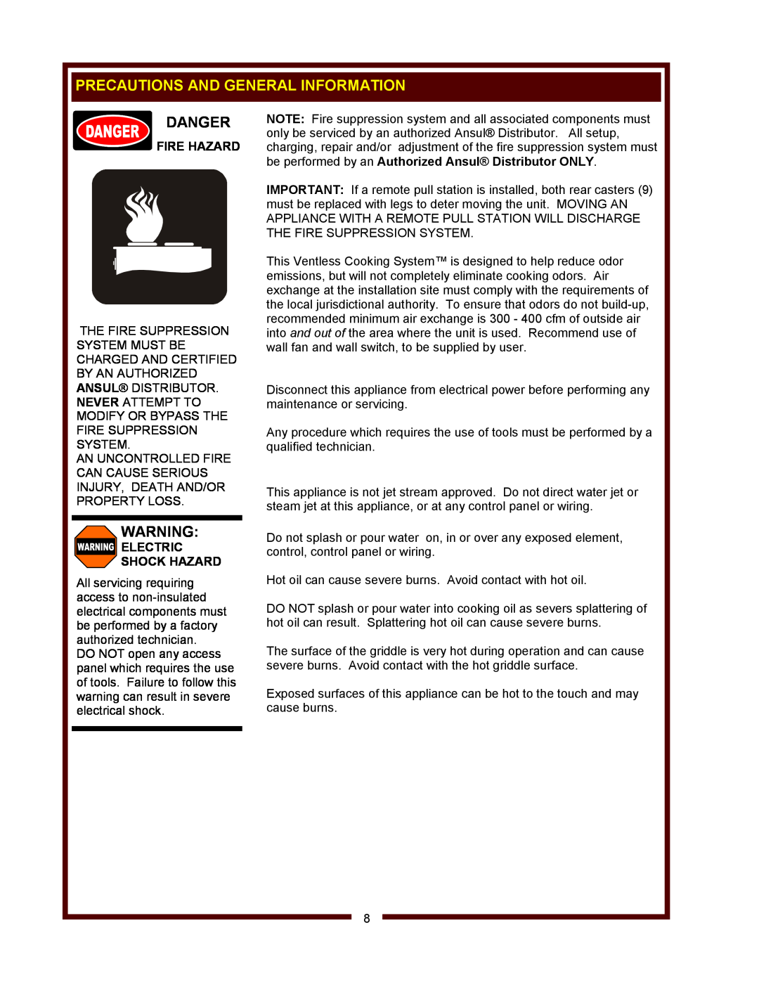 Wells WV-FGRW operation manual Precautions And General Information, Danger, Fire Hazard, Electric Shock Hazard 