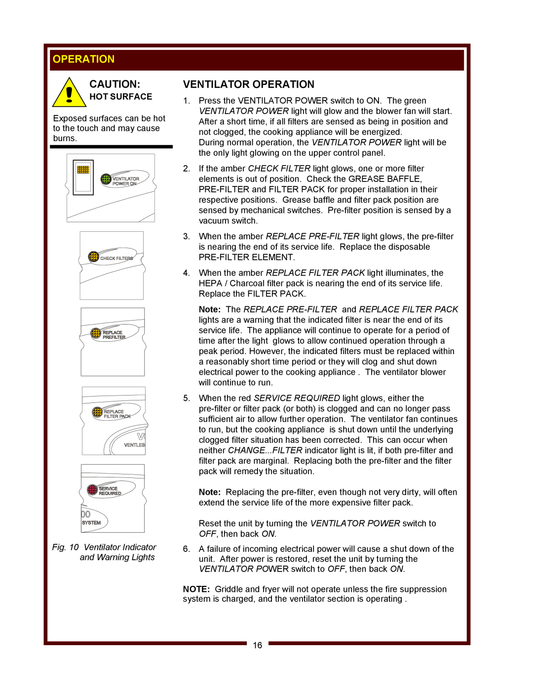 Wells WV-FGRW operation manual Ventilator Operation, Hot Surface, Ventilator Indicator and Warning Lights 