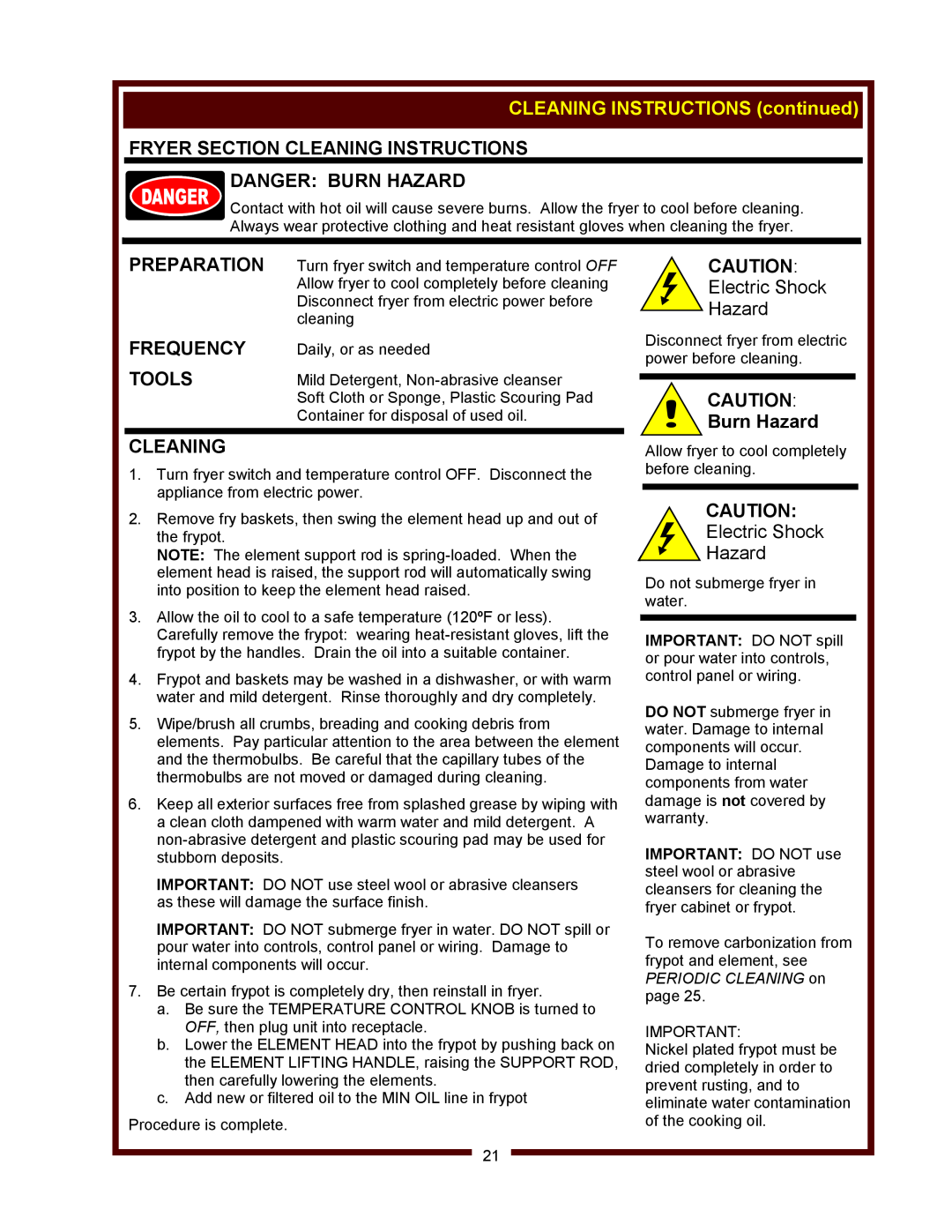 Wells WV-FGRW CLEANING INSTRUCTIONS continued, Fryer Section Cleaning Instructions Danger Burn Hazard, Preparation, Tools 