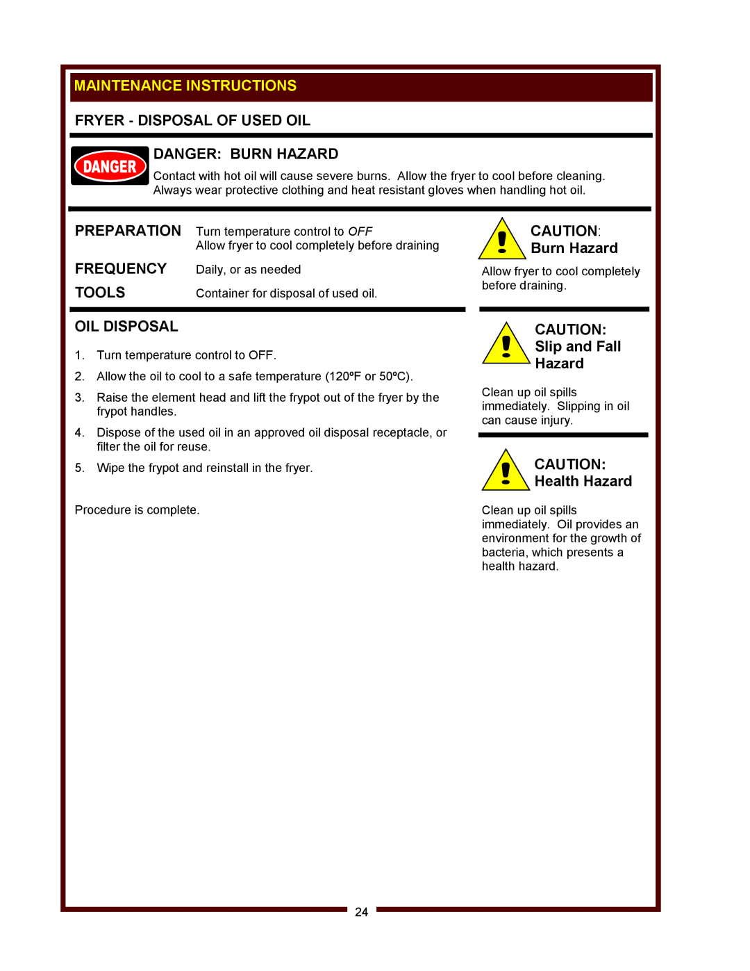 Wells WV-FGRW Maintenance Instructions, Fryer - Disposal Of Used Oil Danger Burn Hazard, Oil Disposal, Health Hazard 