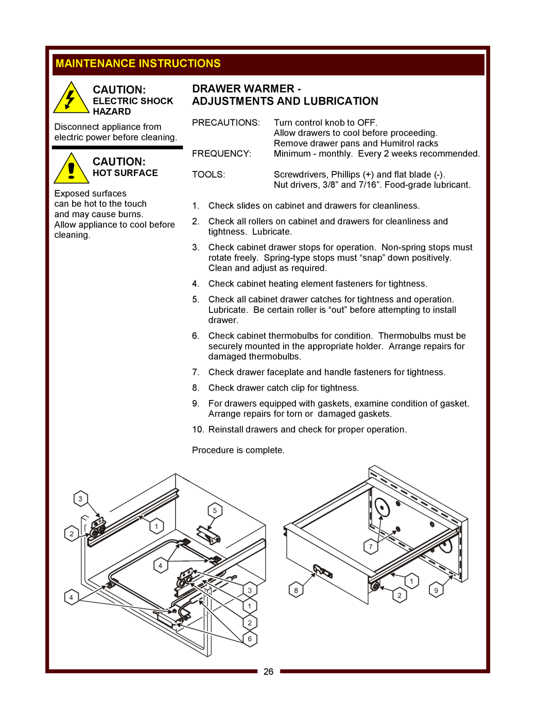 Wells WV-FGRW Drawer Warmer Adjustments And Lubrication, Maintenance Instructions, Electric Shock Hazard, Hot Surface 