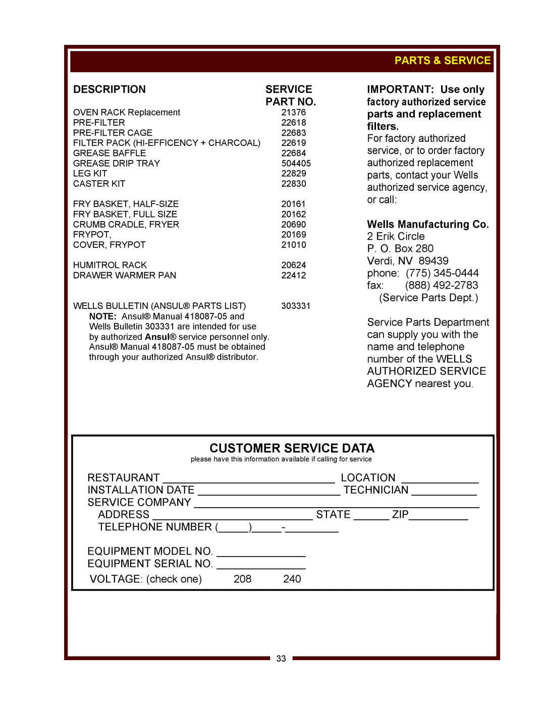 Wells WV-FGRW operation manual Customer Service Data, Description, Parts & Service, Wells Manufacturing Co 