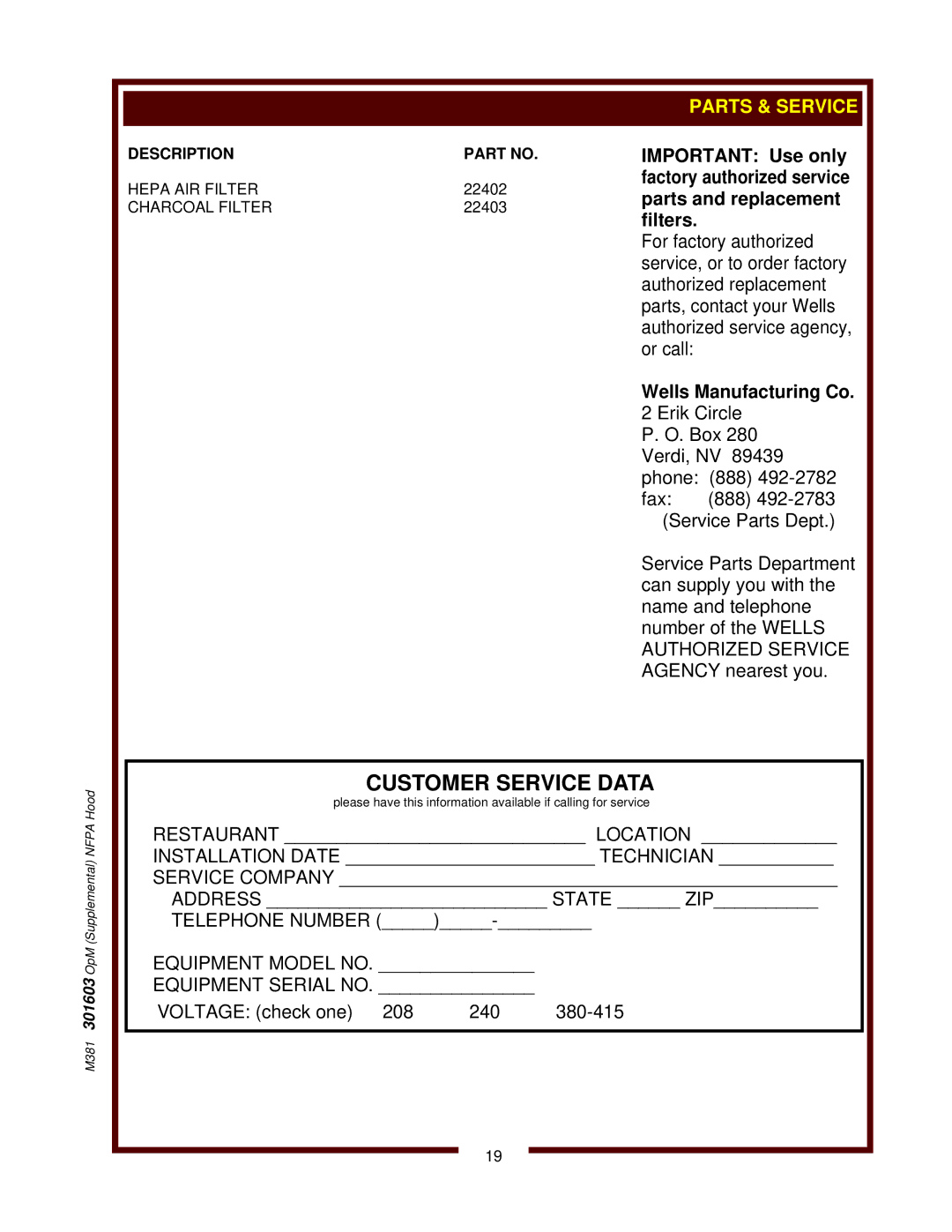 Wells WVAE-30F, WVAE-55FS, WVPE-30F operation manual M381 301603 OpM Supplemental Nfpa Hood 