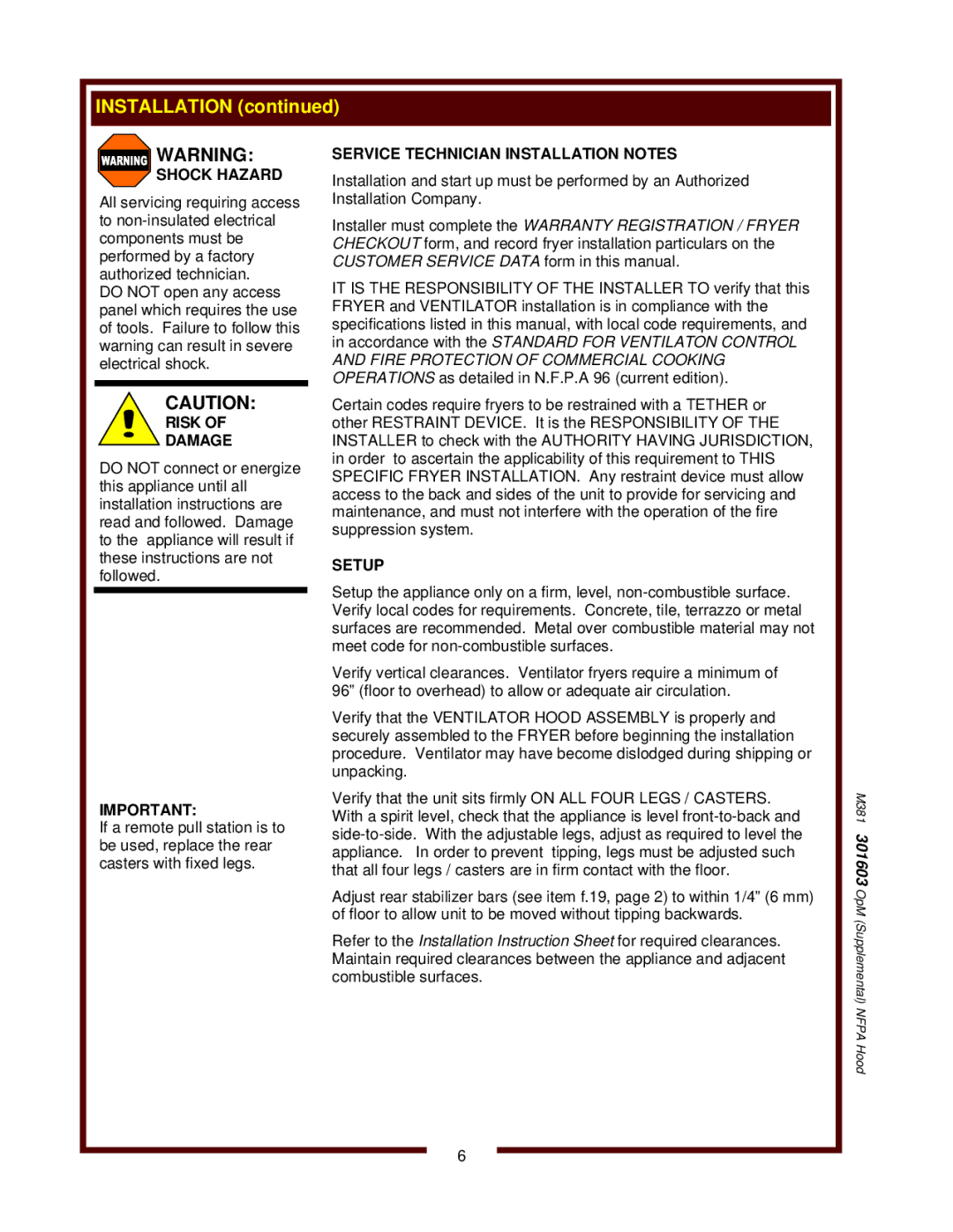 Wells WVAE-30F, WVAE-55FS, WVPE-30F operation manual M381 301603 OpM Supplemental Nfpa Hood 