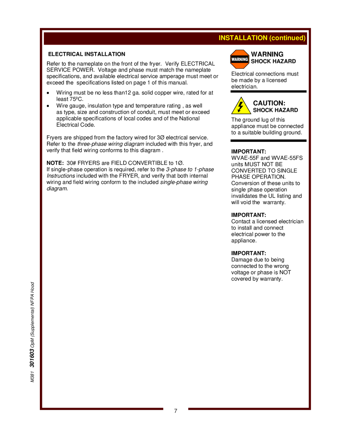 Wells WVAE-30F, WVAE-55FS, WVPE-30F operation manual Shock Hazard 