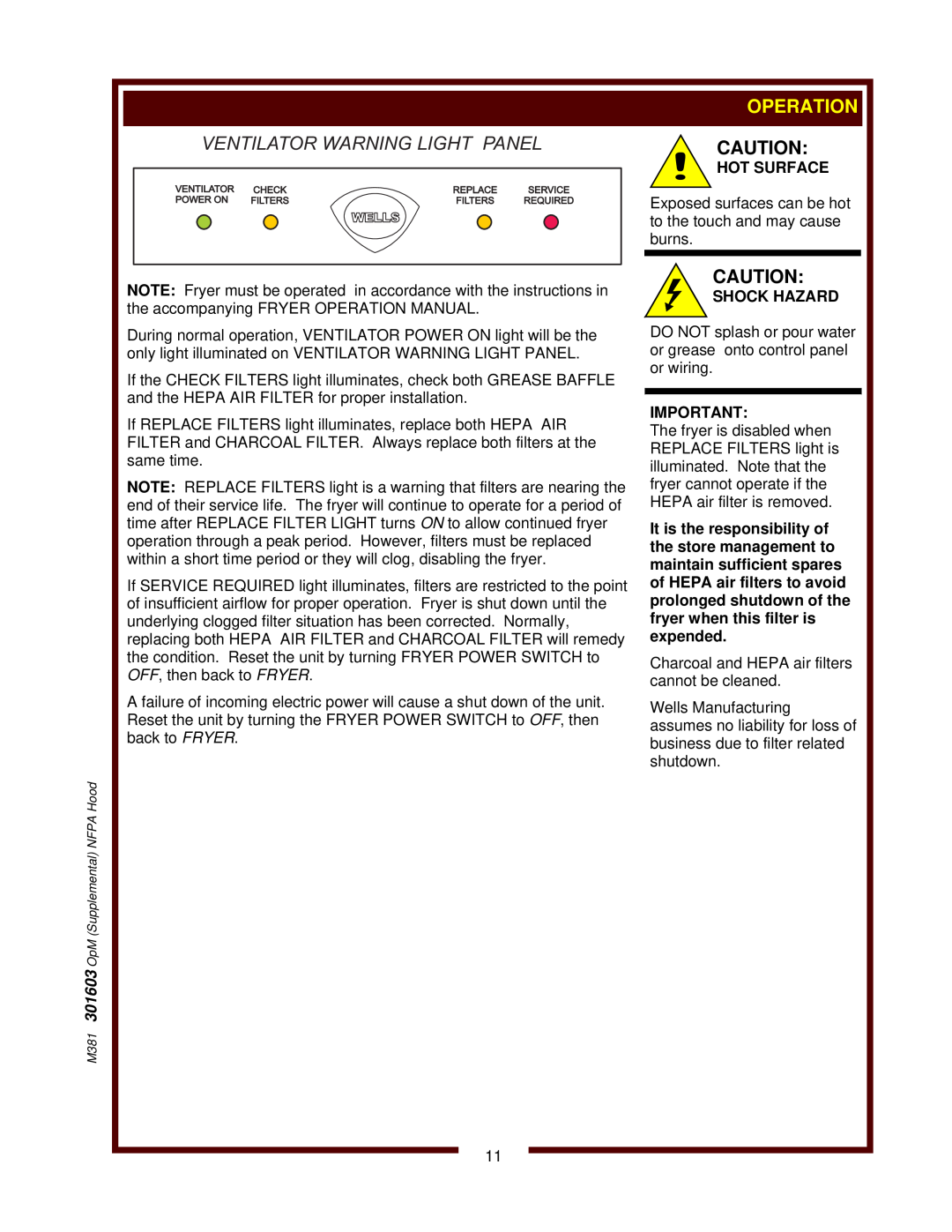 Wells WVAE-30F Ventilator Warning Light Panel, M381 301603 OpM Supplemental NFPA Hood, Check, Replace, Service, Power On 