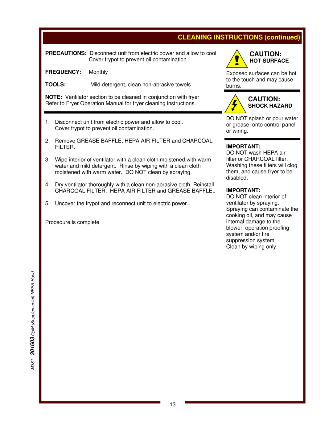 Wells WVPE-30F, WVAE-30F, WVAE-55FS operation manual FREQUENCY Monthly, Hot Surface, Shock Hazard 