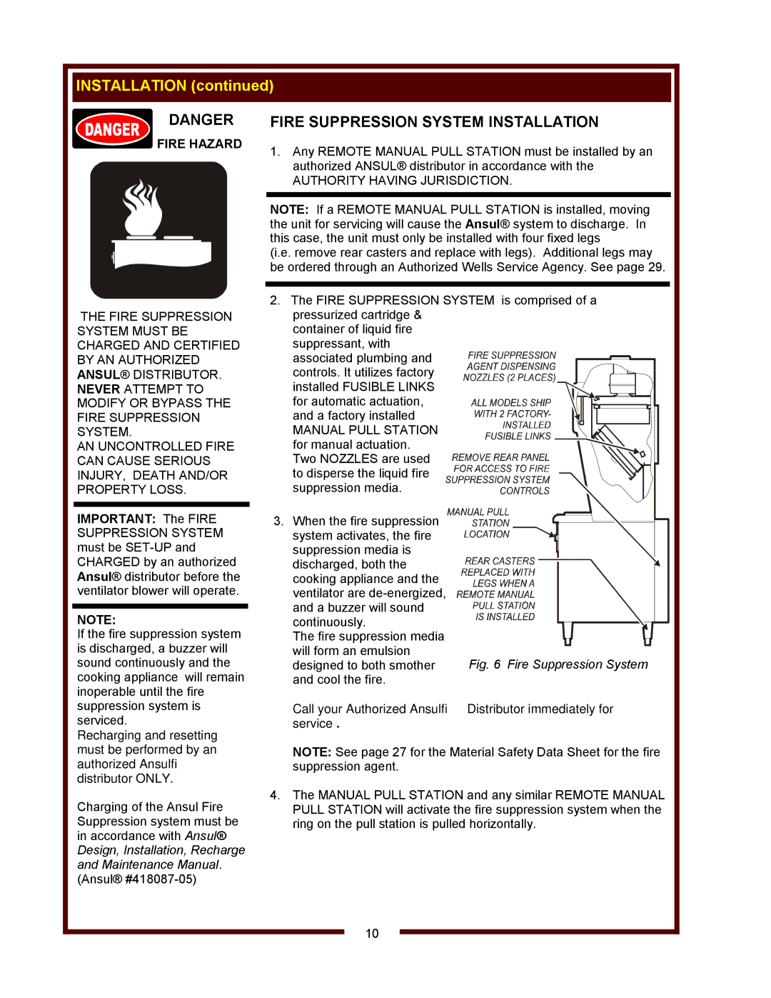 Wells WVF-886 operation manual Fire Suppression System Installation, Fire Hazard, Authority Having Jurisdiction 