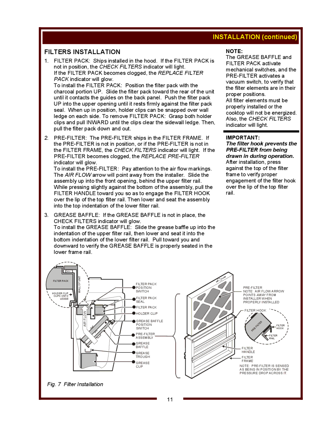 Wells WVF-886 operation manual Filters Installation, Filter Installation 