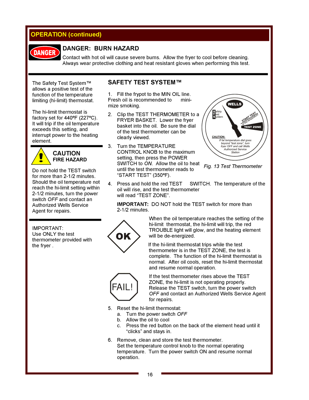 Wells WVF-886 operation manual Fail, Safety Test System 