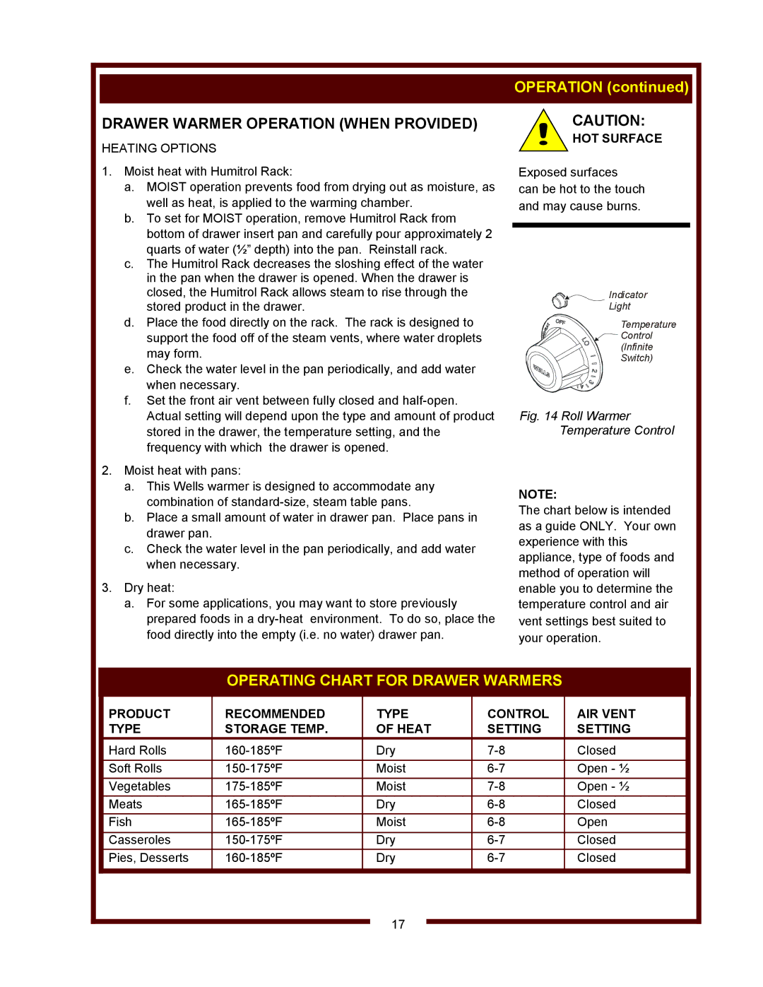 Wells WVF-886 operation manual Drawer Warmer Operation When Provided, Operating Chart for Drawer Warmers, Heating Options 