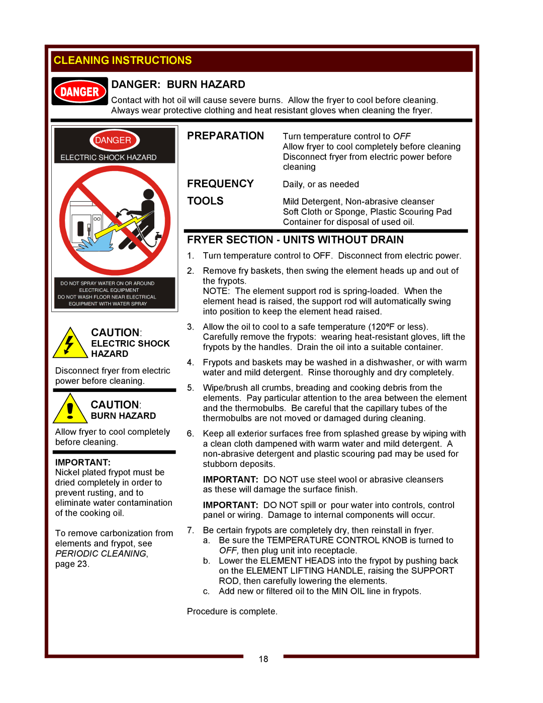 Wells WVF-886 operation manual Cleaning Instructions, Preparation, Frequency, Tools, Fryer Section Units Without Drain 