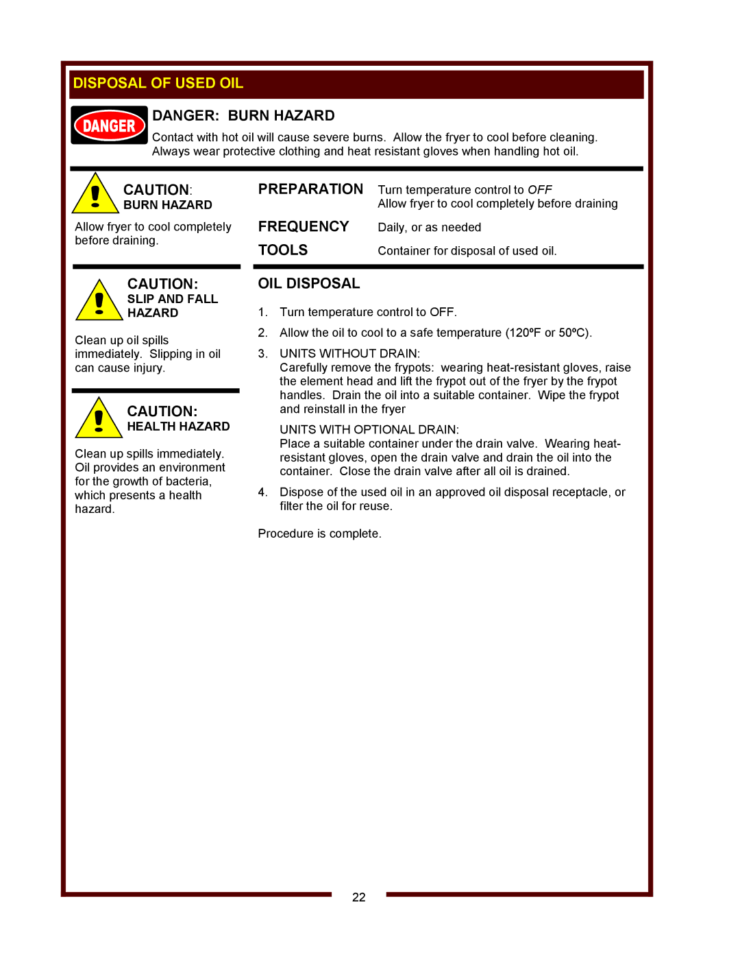 Wells WVF-886 operation manual Disposal of Used OIL, OIL Disposal, Slip and Fall Hazard, Health Hazard 