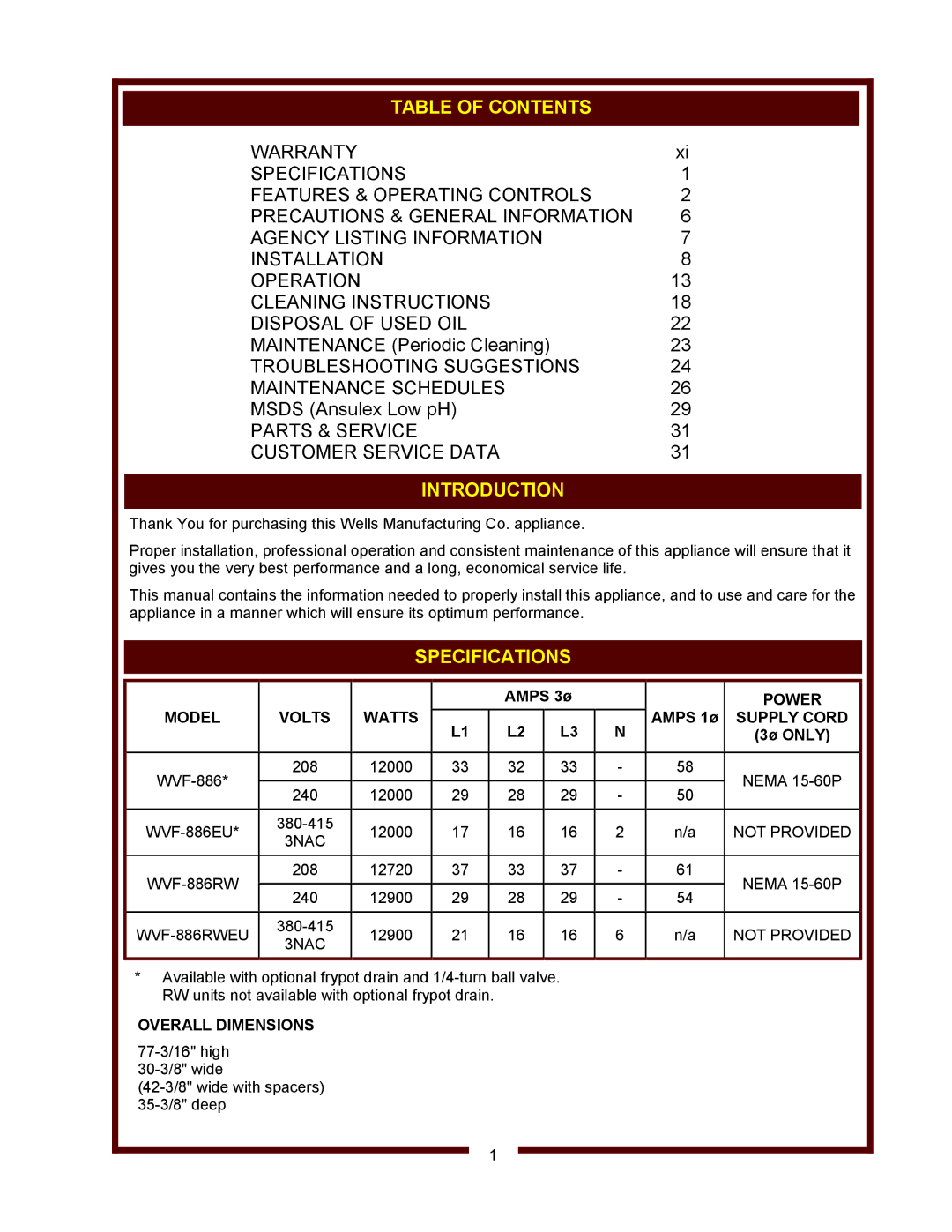 Wells WVF-886 operation manual Table of Contents, Introduction, Specifications 