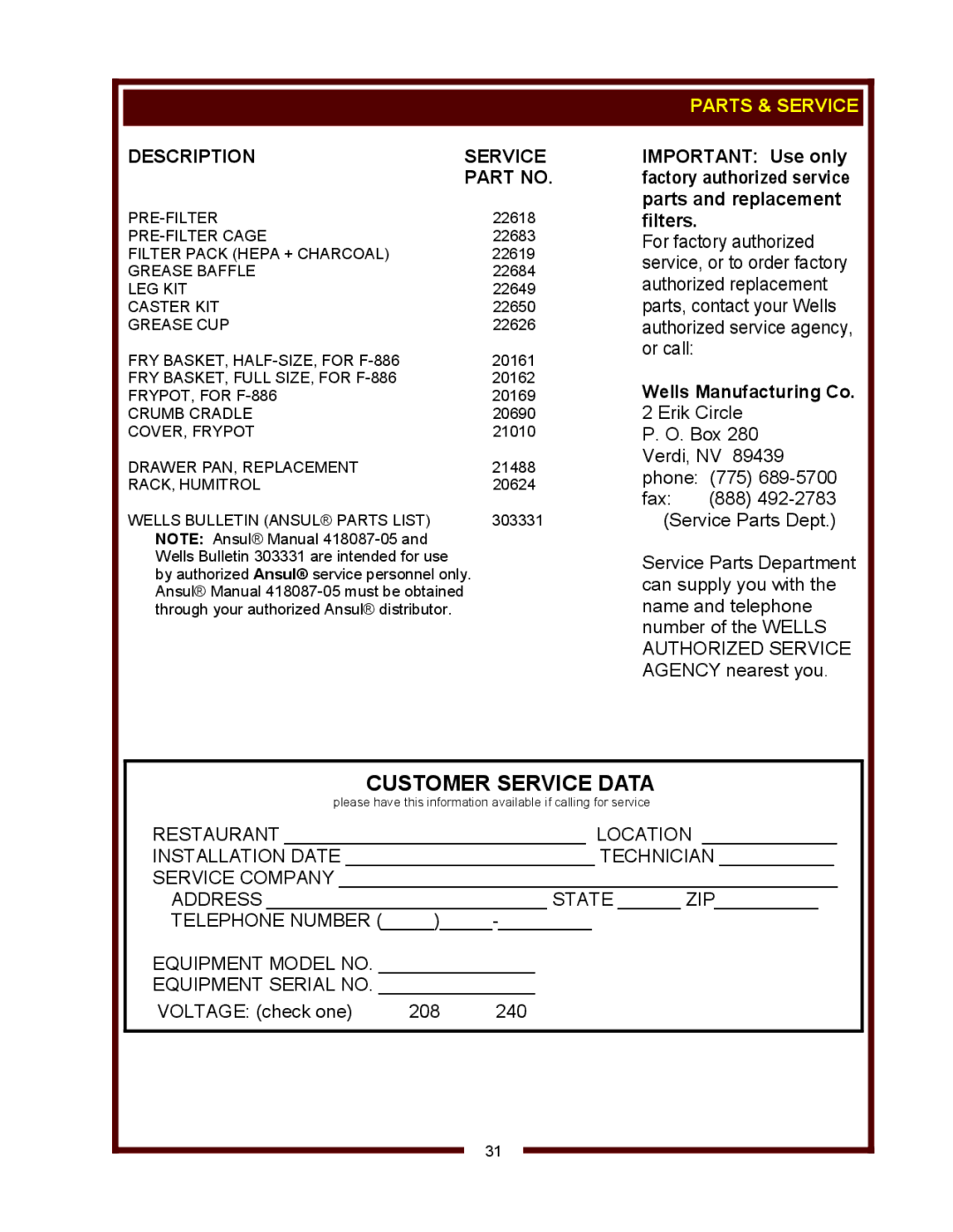 Wells WVF-886 operation manual Description Service, Parts & Service 