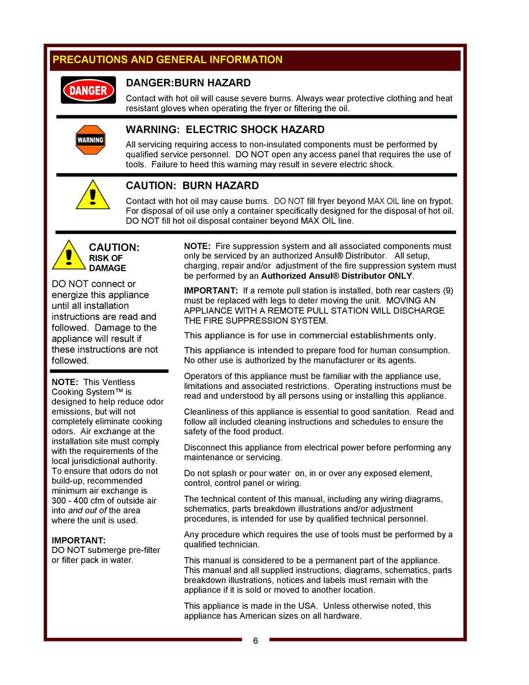 Wells WVF-886 operation manual Precautions and General Information, Risk Damage 