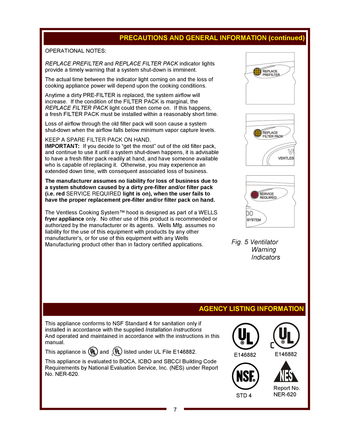 Wells WVF-886 operation manual Precautions and General Information, Agency Listing Information, Operational Notes, Std 