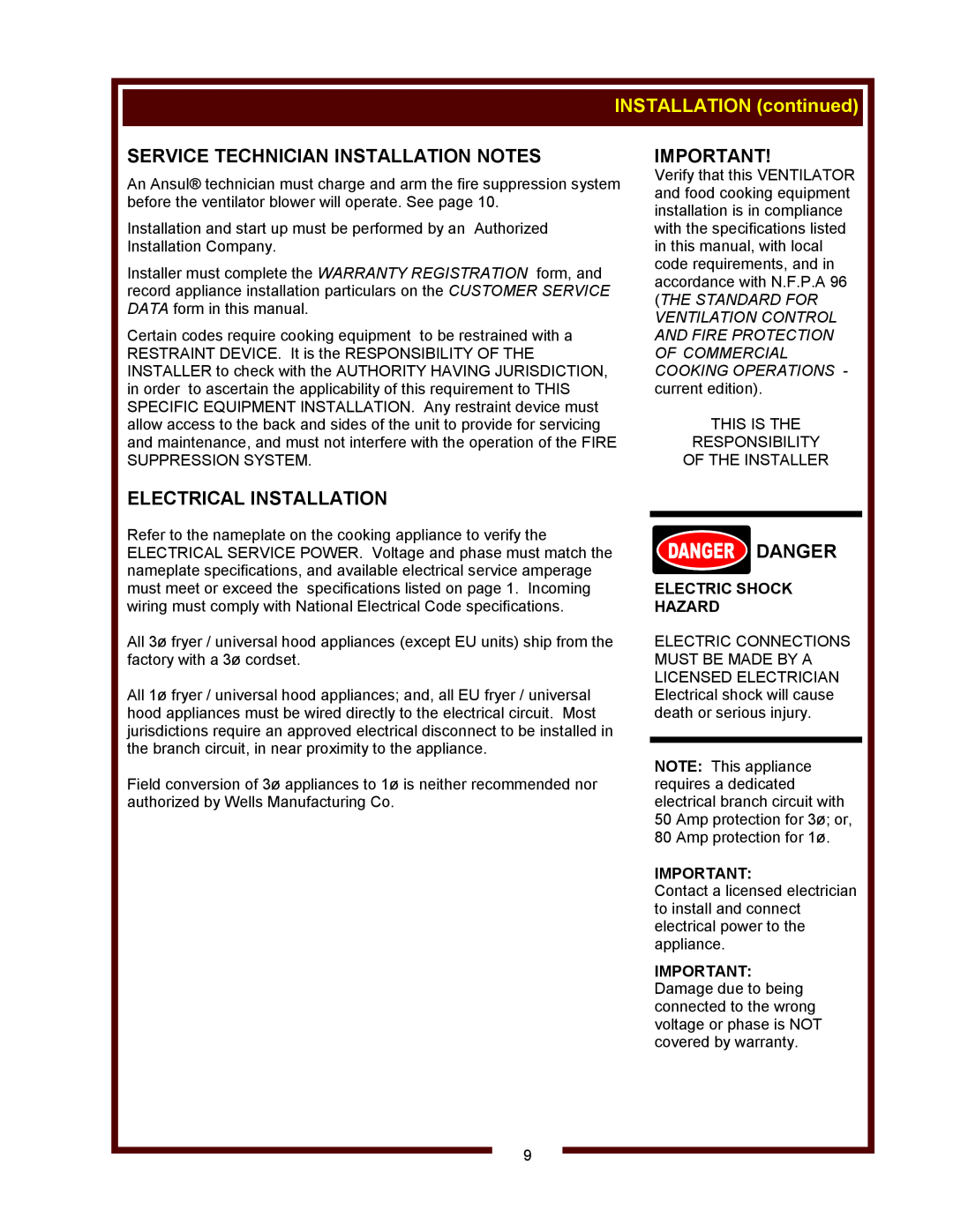 Wells WVF-886 INSTALLATION continued, Service Technician Installation Notes, Electrical Installation, Danger 