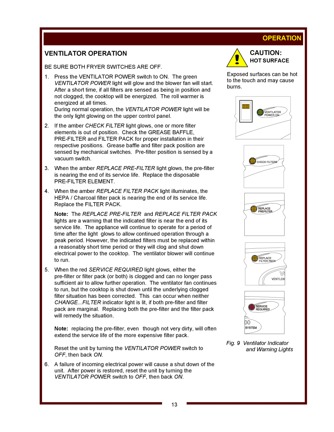 Wells WVF-886 operation manual Ventilator Operation, Hot Surface, Ventilator Indicator and Warning Lights 