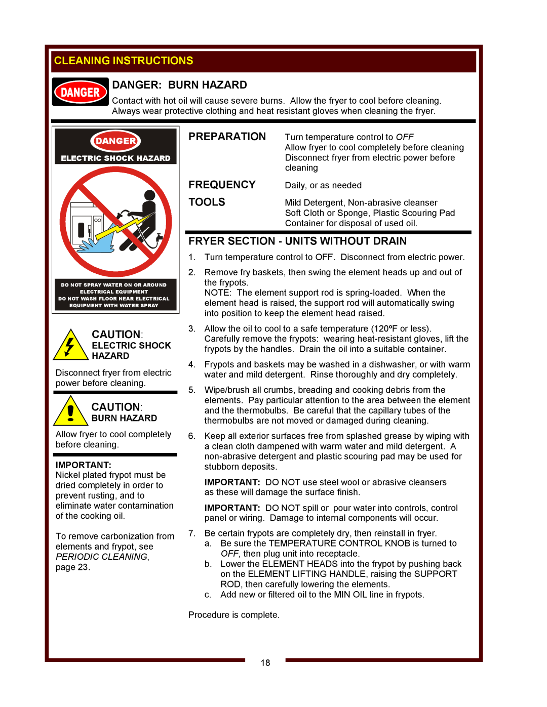 Wells WVF-886 Cleaning Instructions, Preparation, Frequency, Tools, Fryer Section - Units Without Drain, Danger 
