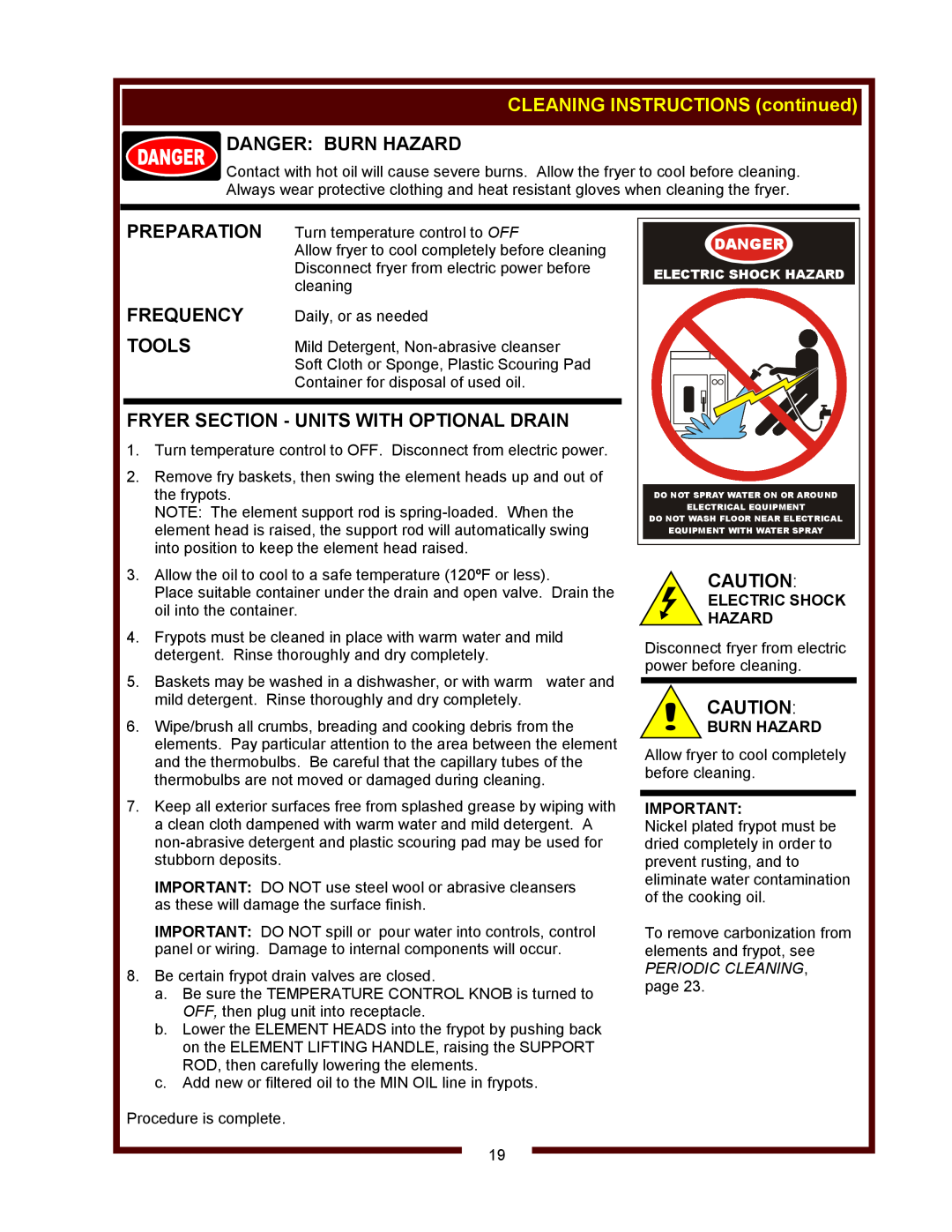 Wells WVF-886 CLEANING INSTRUCTIONS continued, Fryer Section - Units With Optional Drain, Danger Burn Hazard, Preparation 