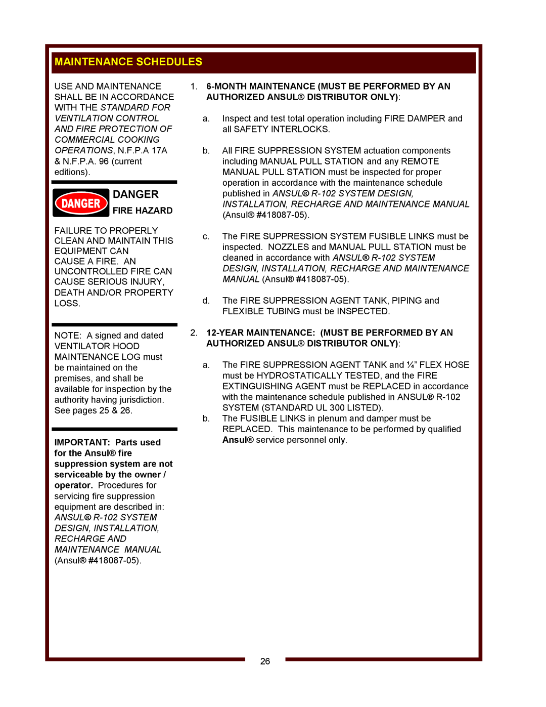 Wells WVF-886 operation manual Maintenance Schedules, Danger, Fire Hazard 
