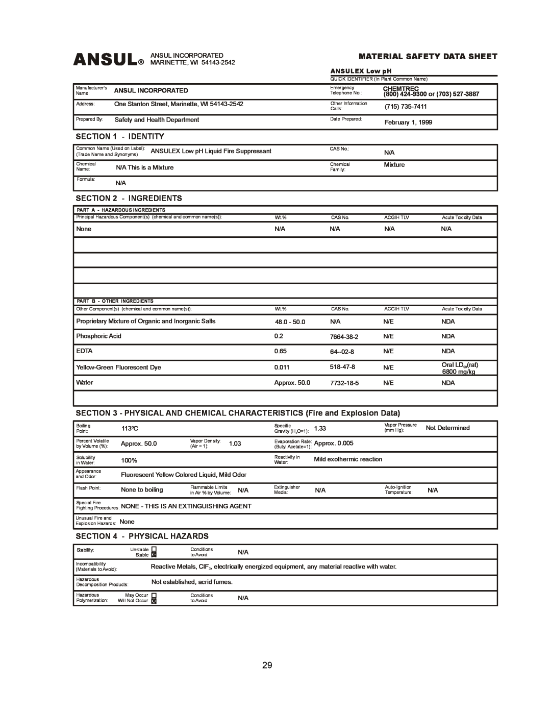 Wells WVF-886 Ansul, Identity, Ingredients, Physical Hazards, Material Safety Data Sheet, ANSULEX Low pH, Chemtrec 