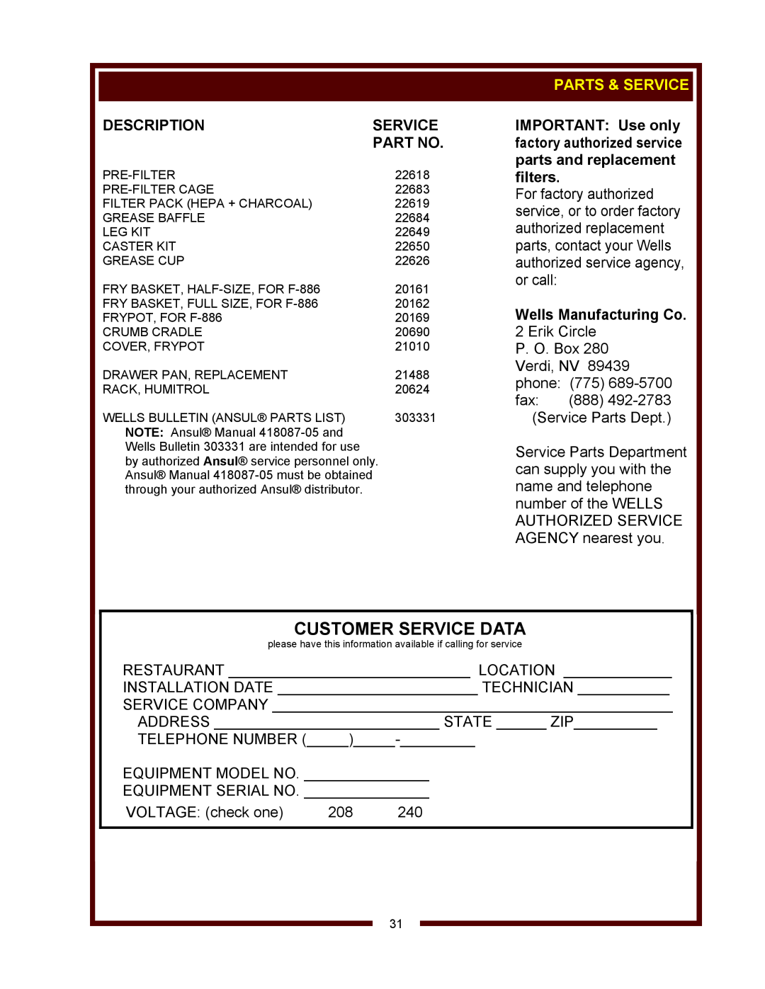 Wells WVF-886 operation manual Customer Service Data, Description, Parts & Service, Wells Manufacturing Co 