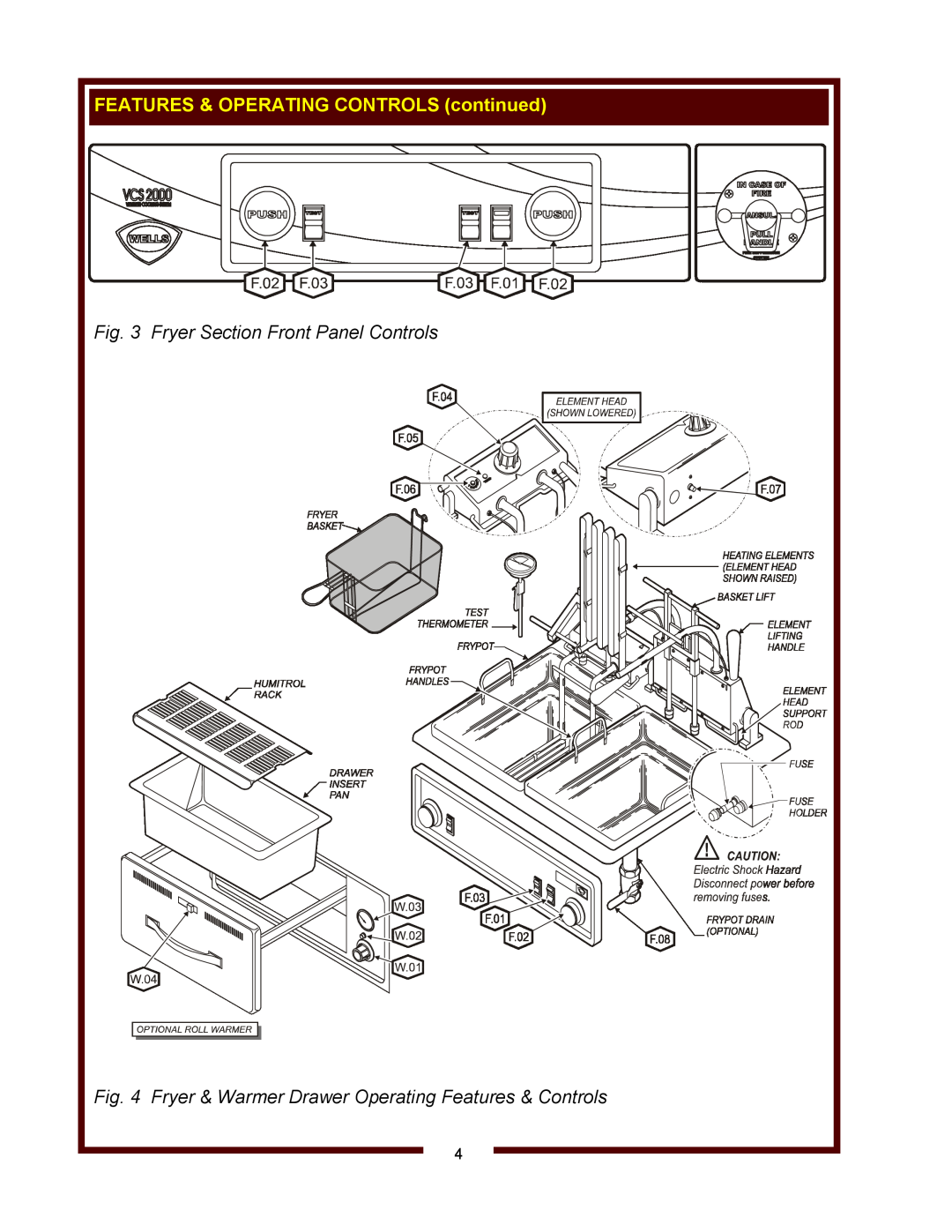 Wells WVF-886 operation manual Fryer Section Front Panel Controls, Fryer & Warmer Drawer Operating Features & Controls 