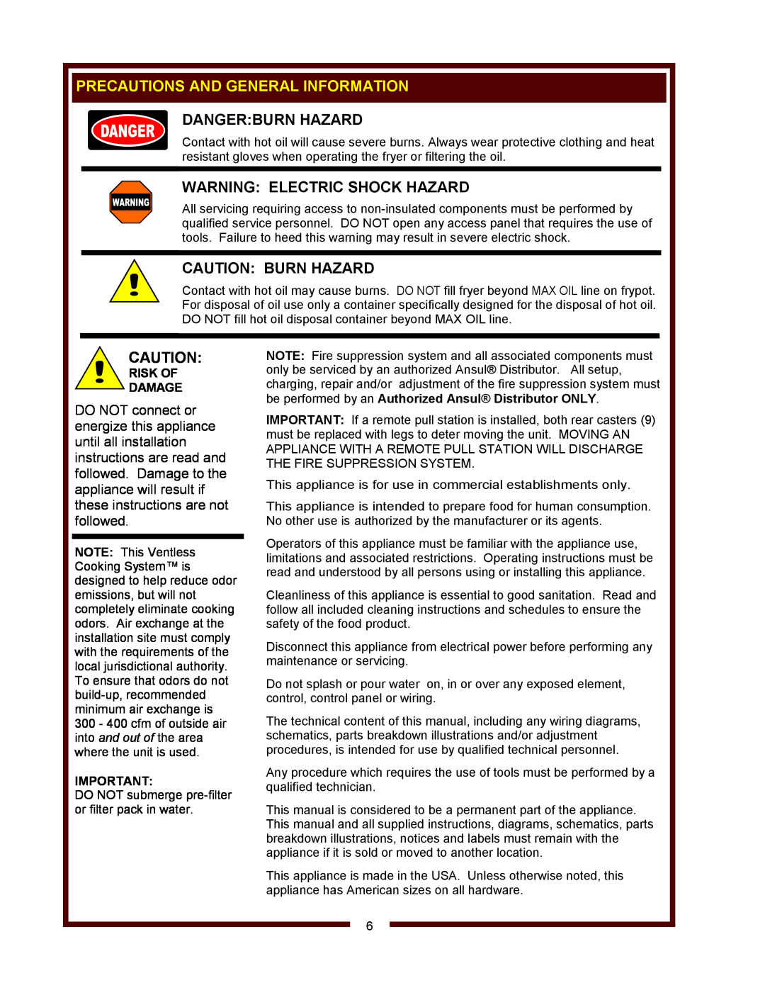 Wells WVF-886 Precautions And General Information, Dangerburn Hazard, Warning Electric Shock Hazard, Caution Burn Hazard 
