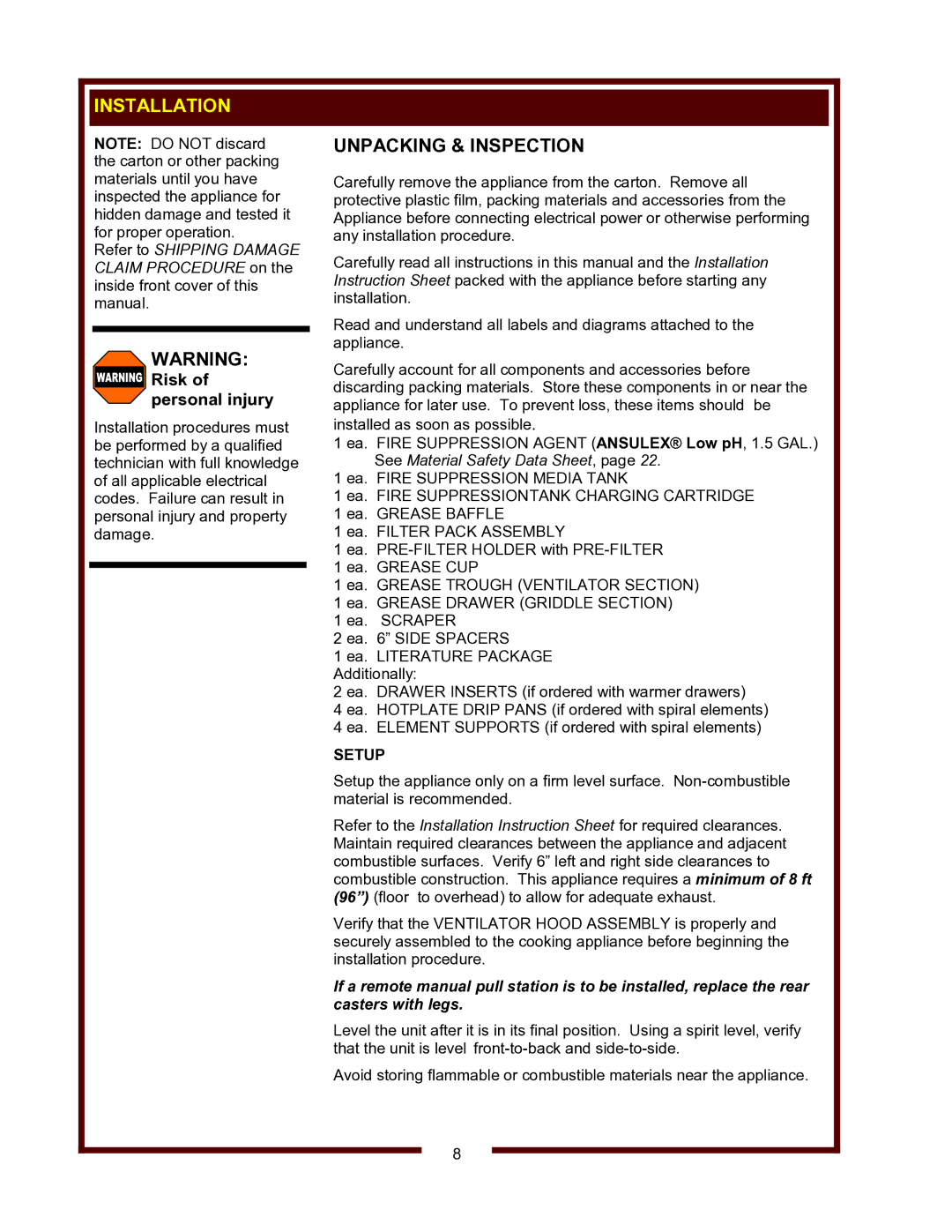 Wells WVG-136, WVG-136RW operation manual Installation, Unpacking & Inspection, Setup 