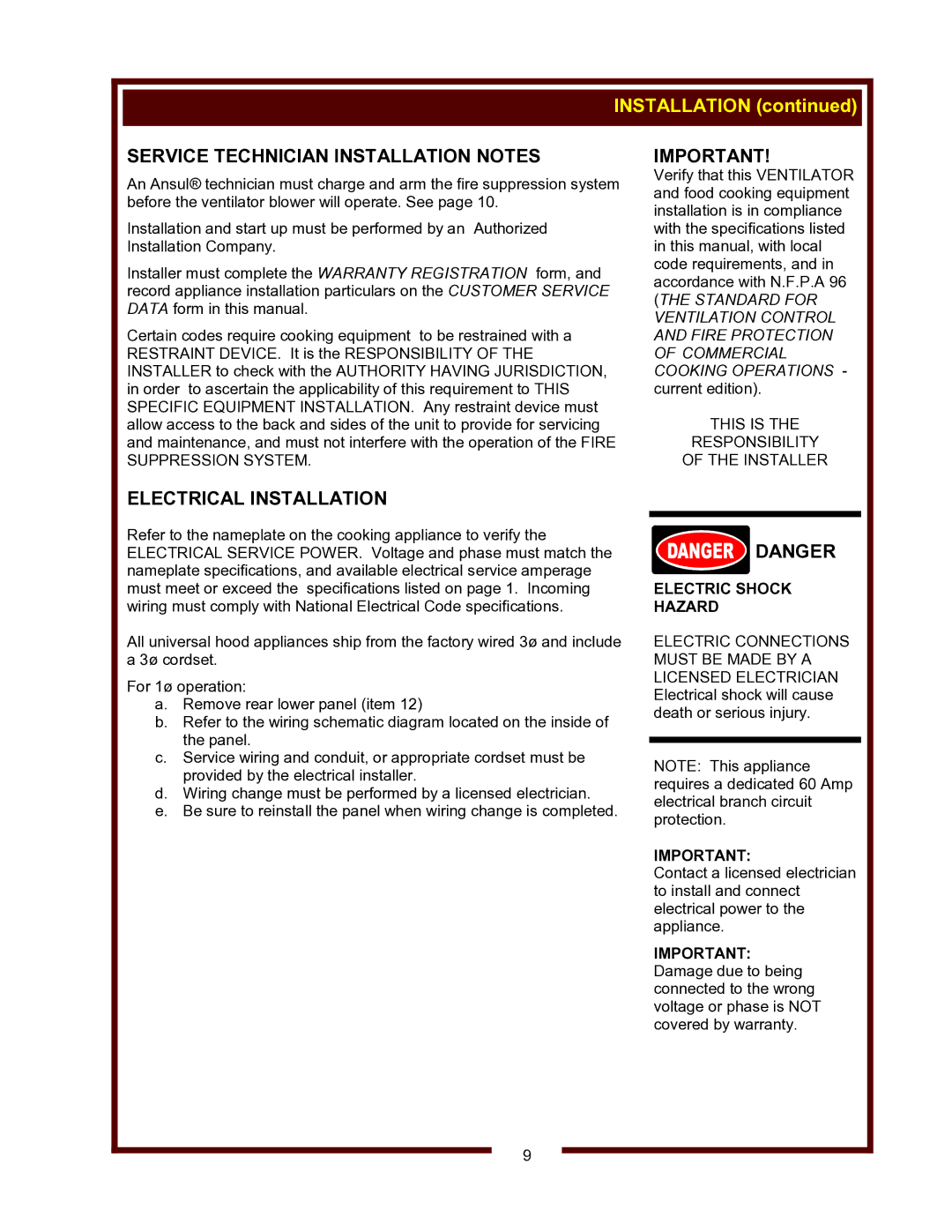 Wells WVG-136RW Service Technician Installation Notes, Electrical Installation, This is Responsibility Installer 