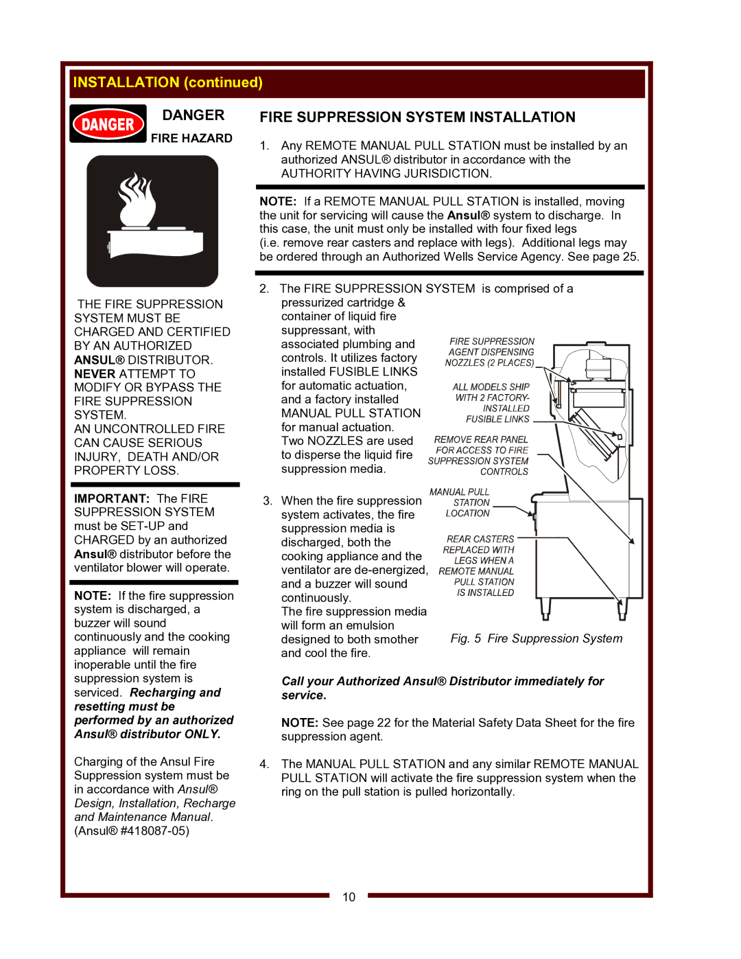 Wells WVG-136, WVG-136RW operation manual Fire Suppression System Installation, Fire Hazard, Authority Having Jurisdiction 