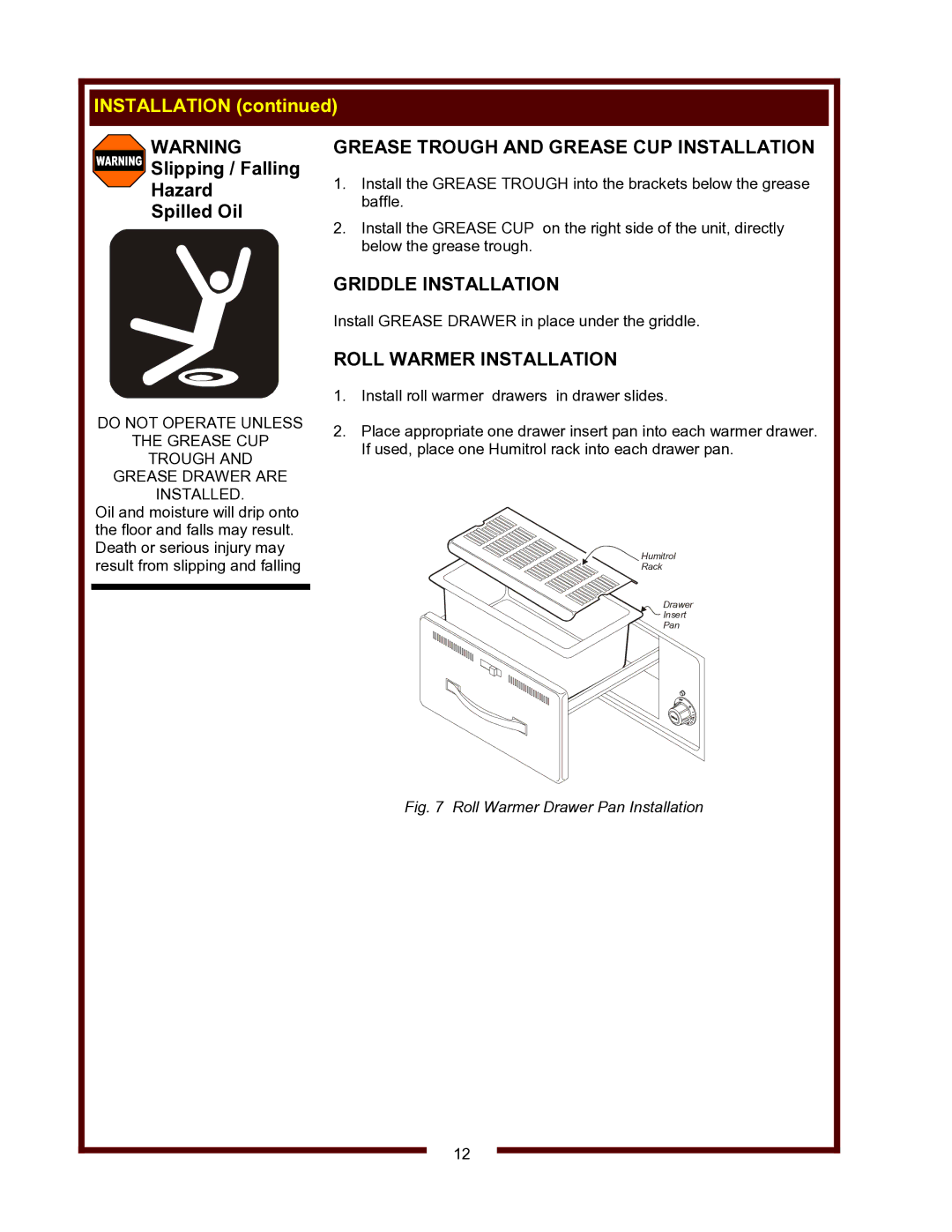 Wells WVG-136, WVG-136RW Grease Trough and Grease CUP Installation, Griddle Installation, Roll Warmer Installation 