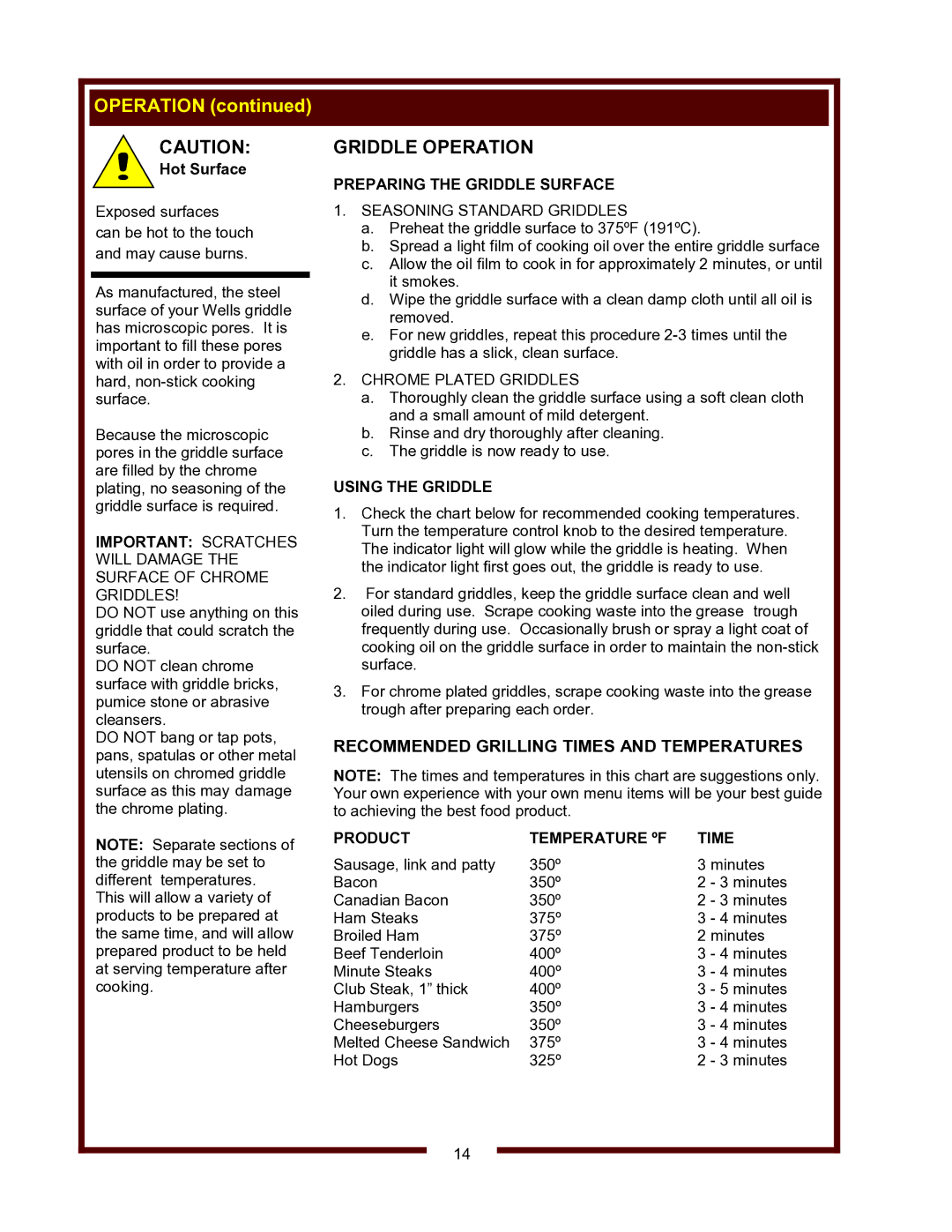 Wells WVG-136, WVG-136RW Griddle Operation, Preparing the Griddle Surface, Using the Griddle, Product, Time 