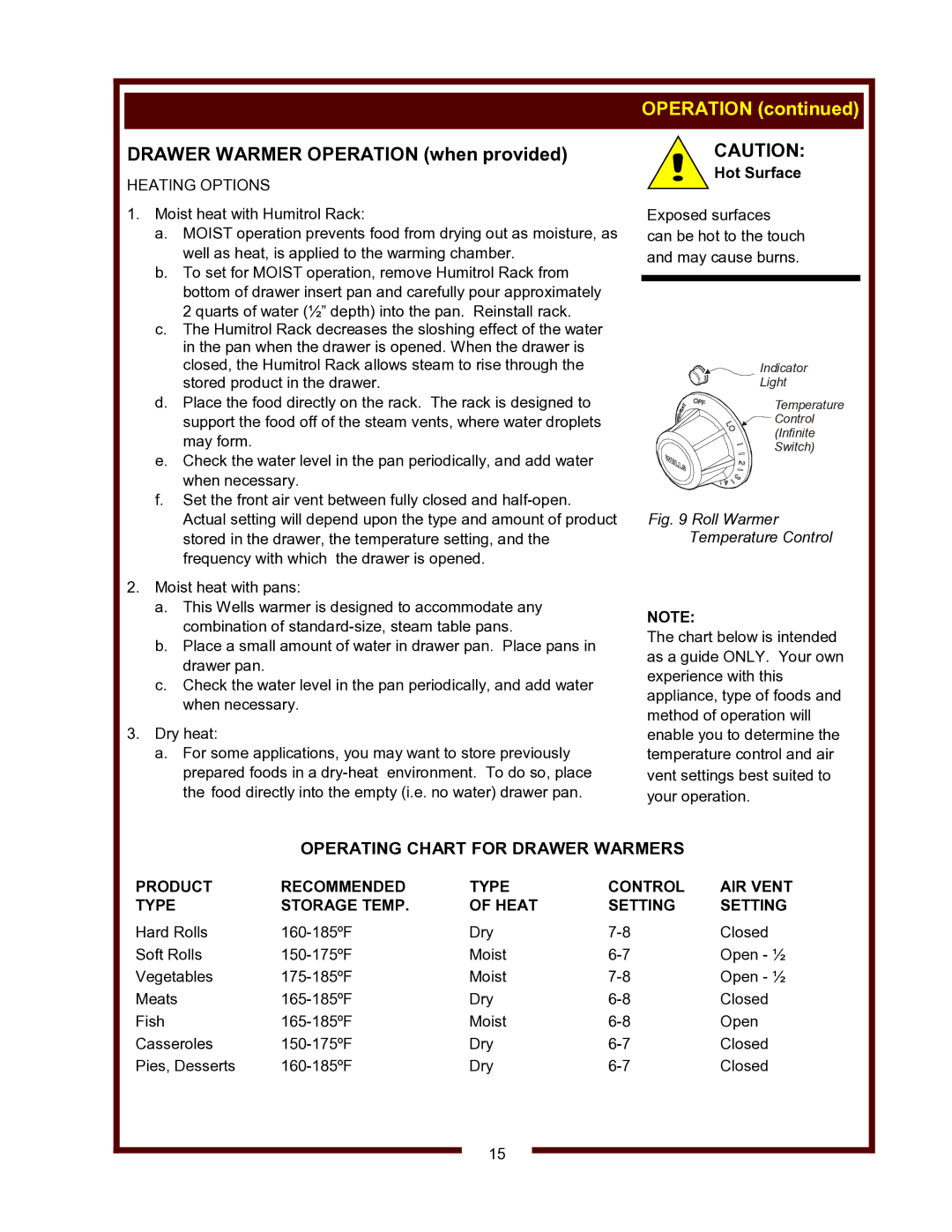 Wells WVG-136, WVG-136RW operation manual Drawer Warmer Operation when provided, Heating Options 